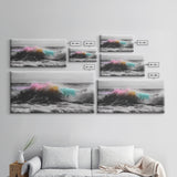 Rainbow Ocean Wave, Vibrant Sea Spray Art, Color Explosion Surf, Framed Canvas Print, Bathroom Wall Art, Coastal Modern Abstract