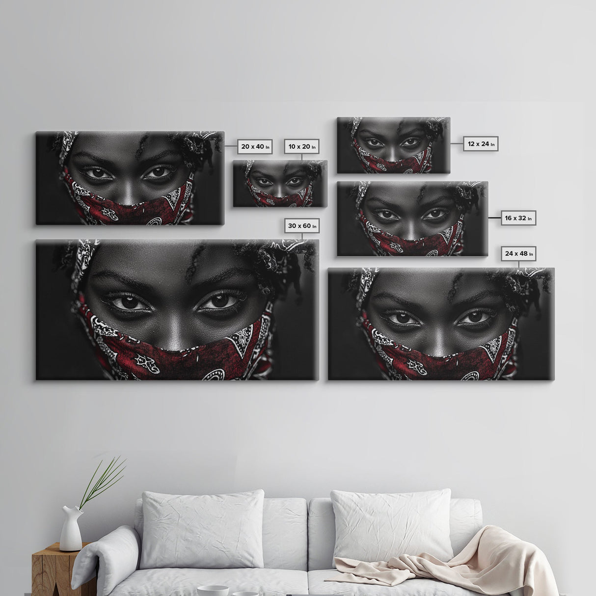 Fierce Eyes, Red Bandana, Bold Portrait, Afro Art, Framed Canvas Print, Bedroom Wall Art, Powerful Gaze, Monochrome With Red Accent