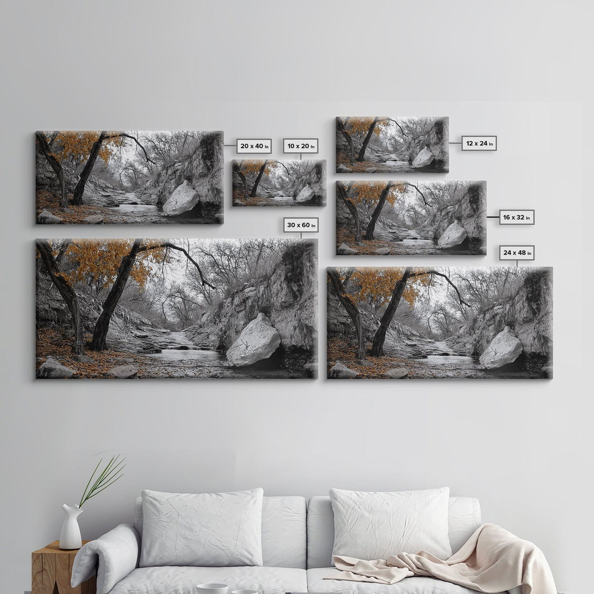 Autumn Stream, Orange Leaves, Waterfall Path, Framed Canvas Print, Fall Wall Art, Rustic Living Room Decor, Seasonal Nature Photography