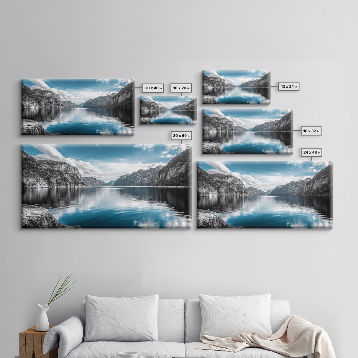 Mountain Lake, Blue Water, Fjord View, Canvas Print, Scandinavian Landscape, Calm Nature Wall Art, Office or Bedroom Modern Decor