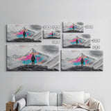 Rainbow Mountain, Vibrant Summit, Hiker Adventure, Canvas Print, Surreal Landscape Art, Wanderlust Wall Decor, Modern Office Artwork