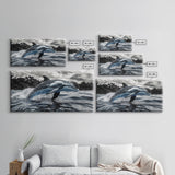 Jumping Dolphin, Ocean Splash, Monochrome Water, Framed Canvas Print, Coastal Wall Art, Bathroom Nautical Decor, Marine Life Photography