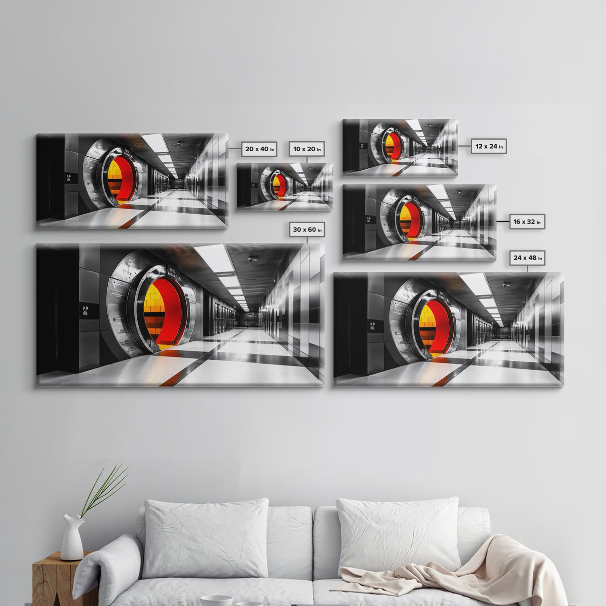 Vault Door, Futuristic Hallway, Urban Industrial Art, Sci Fi Decor, Framed Canvas Print, Office Wall Art, Red Orange Interior Glow