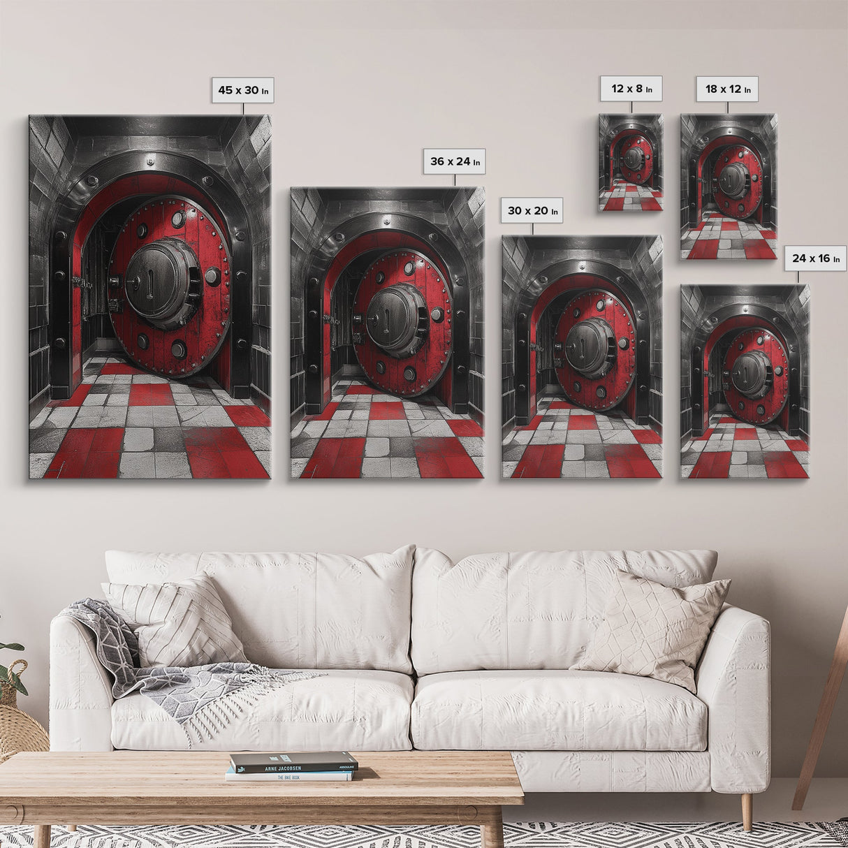Red Vault Door, Industrial Style, Bold Security, Framed Canvas Print, Urban Interior Wall Art, Game Room Decor, Steampunk Vibes