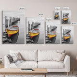 Yellow Rowboat, Coastal Mood, Pier View, Nautical Nostalgia, Framed Canvas Print, Beach House Wall Art, Rustic Seaside Decor