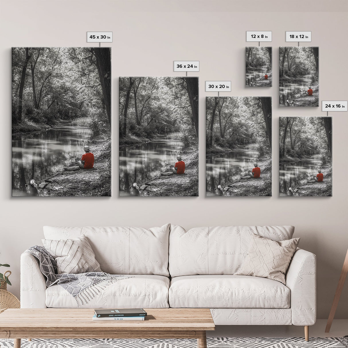 Boy Fishing, River Calm, Peaceful Moment, Nature Scene, Framed Canvas Print, Cabin Wall Art, Woodland Fall Decor, Tranquil Vibe