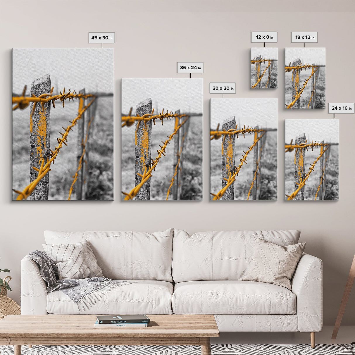 Yellow Fence Wire, Rustic Barbed Wire, Country Fence, Framed Canvas Print, Farmhouse Wall Art, Minimalist Rustic Home Decor