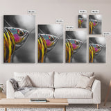 Colorful Lure, Fishing Hook, Bold Scales, Rainbow Detail, Framed Canvas Print, Man Cave Art, Fishing Decor, Vibrant Realism Wall Art
