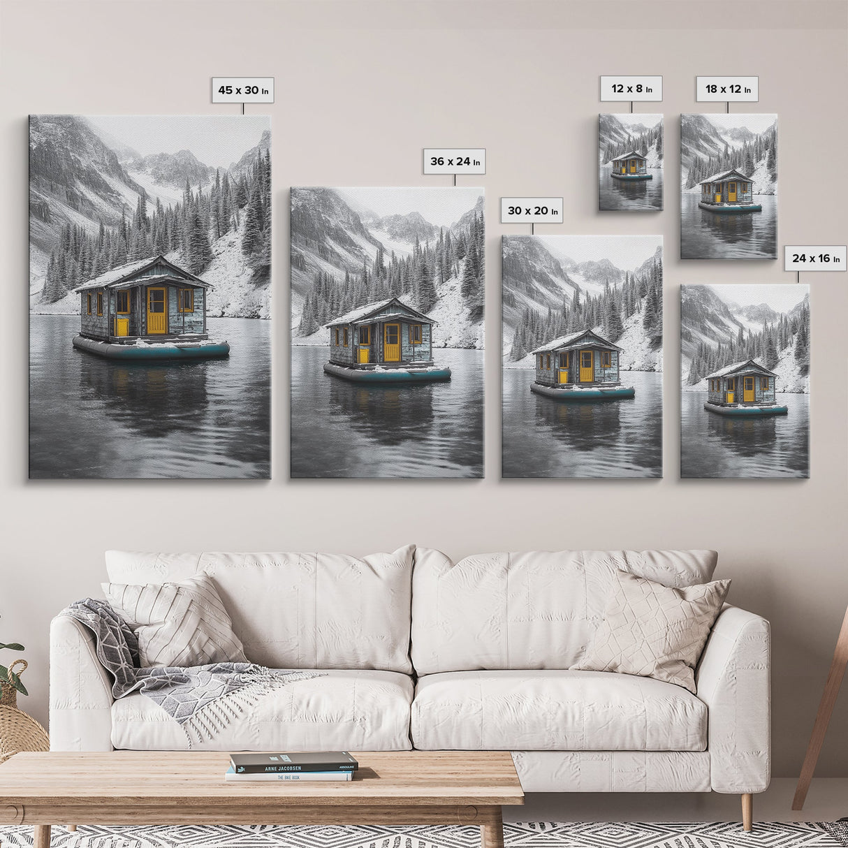 Winter Cabin, Floating House, Snowy Pines, Mountain Lake, Canvas Print, Minimalist Winter Wall Art, Cabin Decor, Neutral Nature Scene