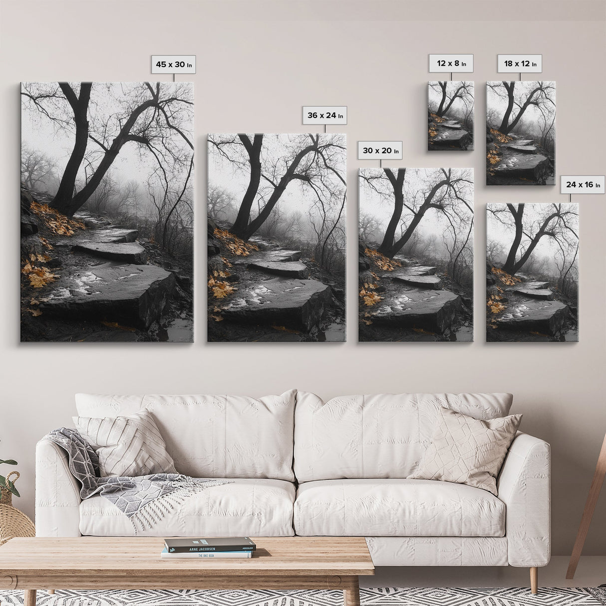Stone Path, Autumn Trail, Moody Forest, Yellow Leaves, Canvas Print, Fall Nature Wall Art, Rustic Entryway Decor, Misty Woodland Scene