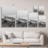 Seaside Bench, Rocky Shore, Ocean Fog, Coastal Calm, Framed Canvas Print, Minimalist Beach Art, Coastal Decor, Serene Ocean View
