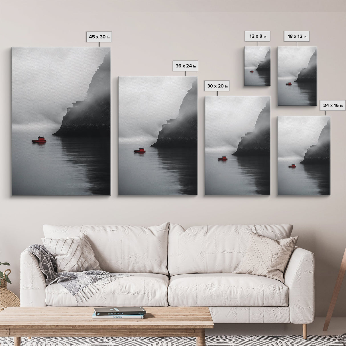 Red Boat, Foggy Coast, Seaside Cliff, Misty Water, Canvas Print, Moody Nautical Wall Art, Minimalist Ocean Decor, Scandinavian Style Art