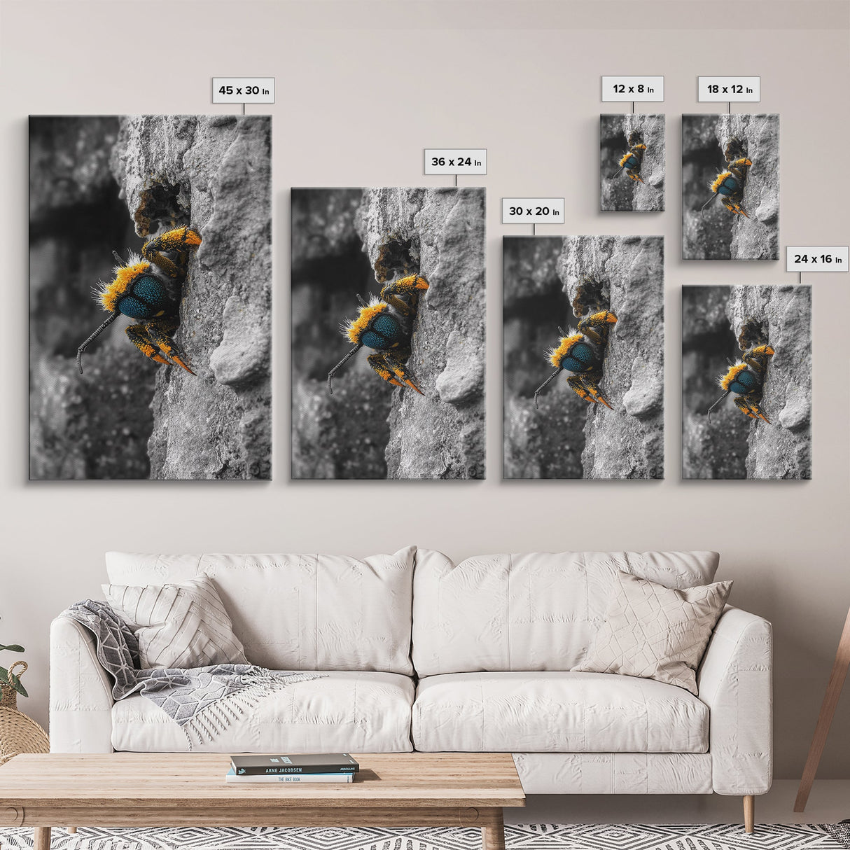 Fuzzy Bee Closeup, Insect Macro, Nature Texture, Framed Canvas Print, Wildlife Wall Art, Entomology Decor, Nature Photography