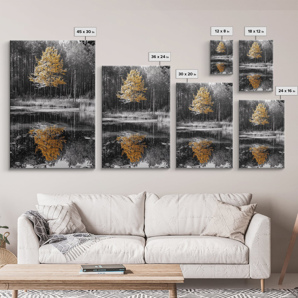 Golden Tree, Forest Reflection, Autumn Pond, Tranquil Waters, Canvas Print, Fall Nature Wall Art, Zen Bathroom Decor, Minimalist Art