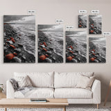 Red Shoreline, Bold Pebbles, Coastal Mood, Canvas Print, Nautical Wall Art, Moody Landscape, Black White Red Art, Nature Lover Gift