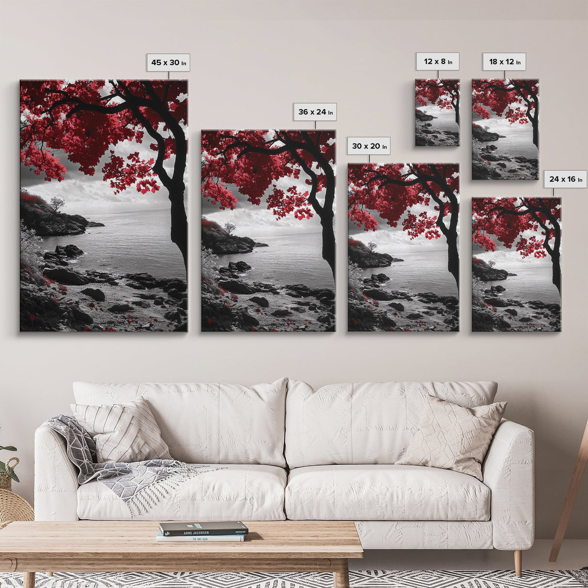 Red Leaves, Dramatic Coast, Ocean Horizon, Canvas Print, Autumn Coastal Wall Art, Bold Nature Photography, Moody Fall Decor, Beach Theme