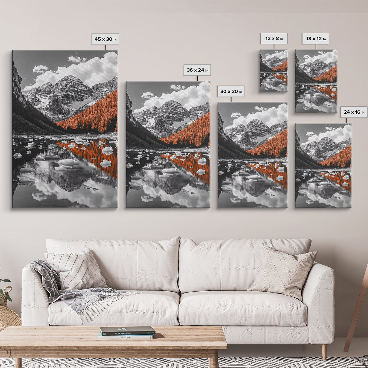 Mountain Reflections, Autumn Pines, Glacial Water Scene, Framed Canvas Print, Fall Landscape Wall Art, Nature Lover Home Decor