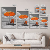 Orange Umbrella Shade, Beach Chill Scene, Relax Spot, Framed Canvas Print, Summer Wall Art, Vacation Vibe Decor, Minimalist Beach Art
