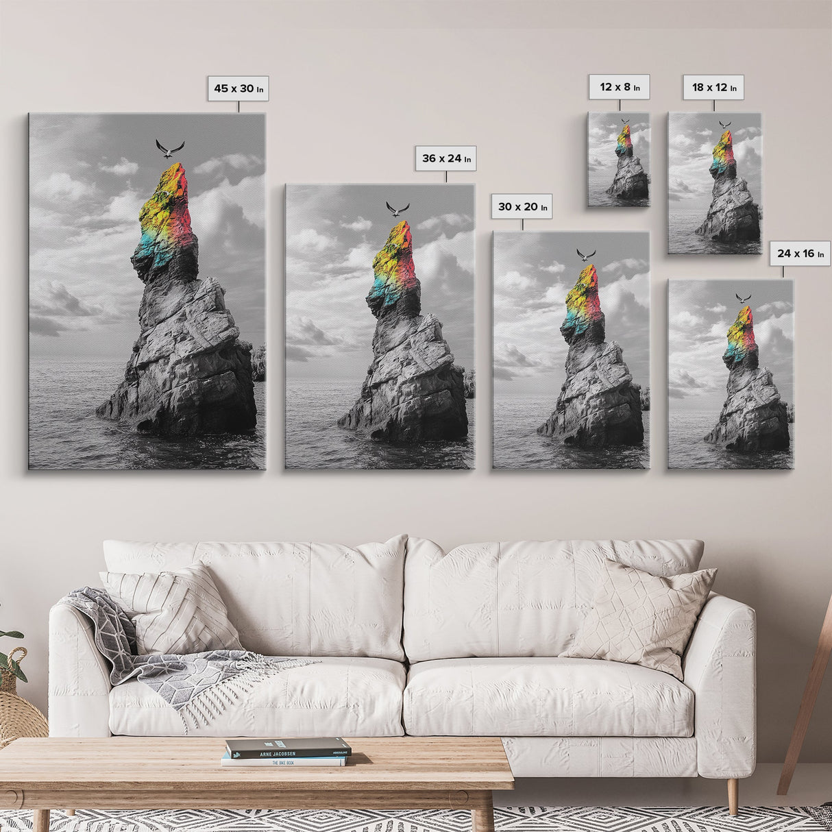 Rainbow Cliff, Soaring Bird, Ocean Rock Scene, Canvas Print, Nature Adventure Wall Art, Vibrant Seascape Decor, Coastal Living Accent