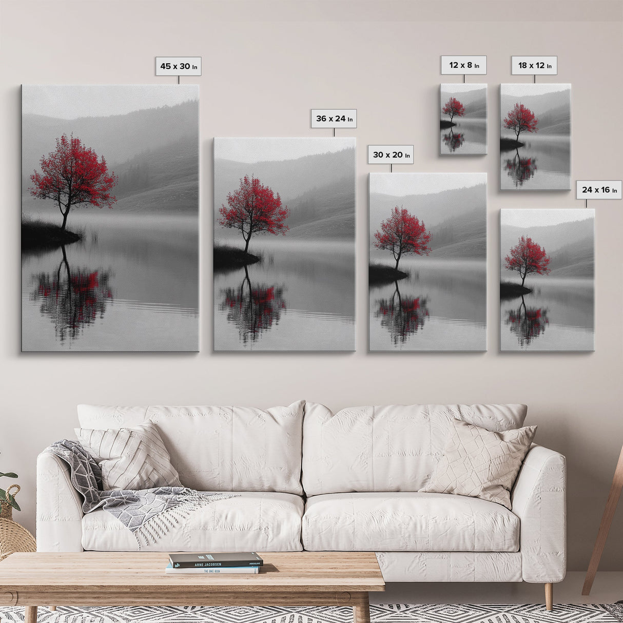 Red Tree, Foggy Lake, Peaceful Landscape Scene, Framed Canvas Print, Autumn Nature Wall Art, Minimalist Fall Decor, Moody Aesthetic