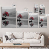 Red Tree, Foggy Lake, Peaceful Landscape Scene, Framed Canvas Print, Autumn Nature Wall Art, Minimalist Fall Decor, Moody Aesthetic