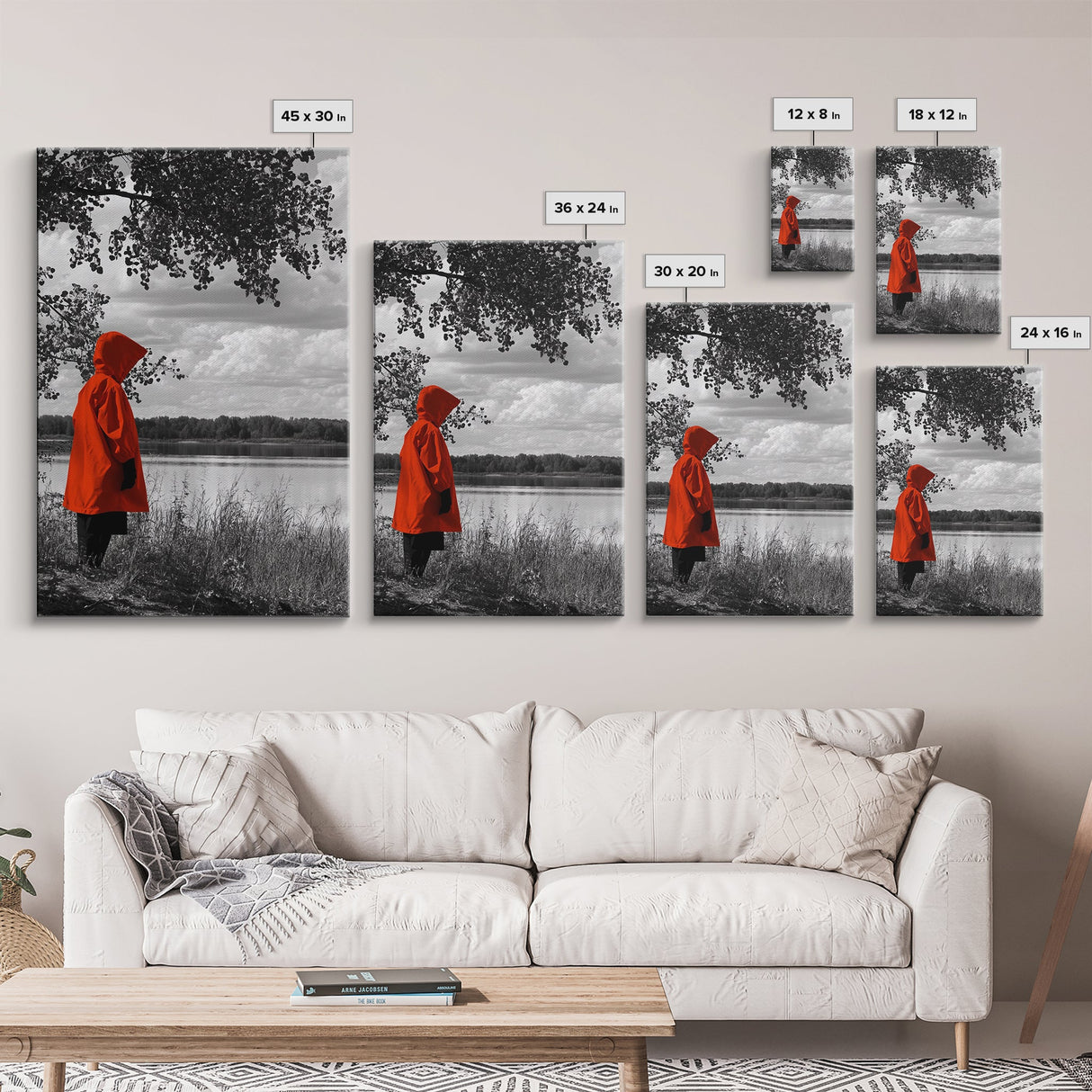 Red Coat Figure, Lakeside Reflection, Mystery Forest Mood, Canvas Print, Autumn Minimalist Wall Art, Moody Storybook Decor, Nature Style