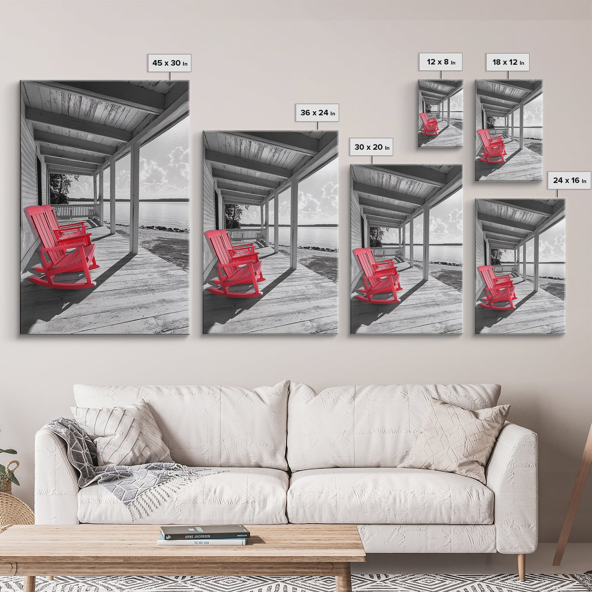 Red Porch Chairs, Lakeside Retreat, Cozy Country Morning, Framed Canvas Print, Farmhouse Decor, Rustic Living Room Wall Art, Peaceful Vibe
