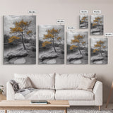 Golden Tree View, Nature Serenity, Fall Lake Art, Peaceful Pine, Framed Canvas Print, living room wall art, minimalist landscape print
