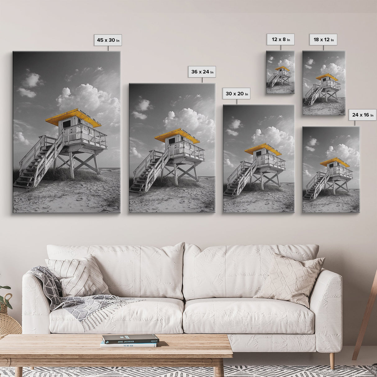 Lifeguard Tower Yellow, Beach Escape, Summer Vibe Art, Ocean Watch Post, Framed Canvas Print, coastal home decor, beach house wall art
