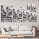 Rustic Lighthouse Shore, Weathered Tower Art, Stormy Coast Scene, Moody Seaside, Framed Canvas Print, nautical bathroom or den wall decor
