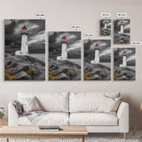 Red Beacon Lighthouse, Rocky Coast Light, Dramatic Storm Sky, Ocean Guide, Framed Canvas Print, nautical office wall art, bold coastal art
