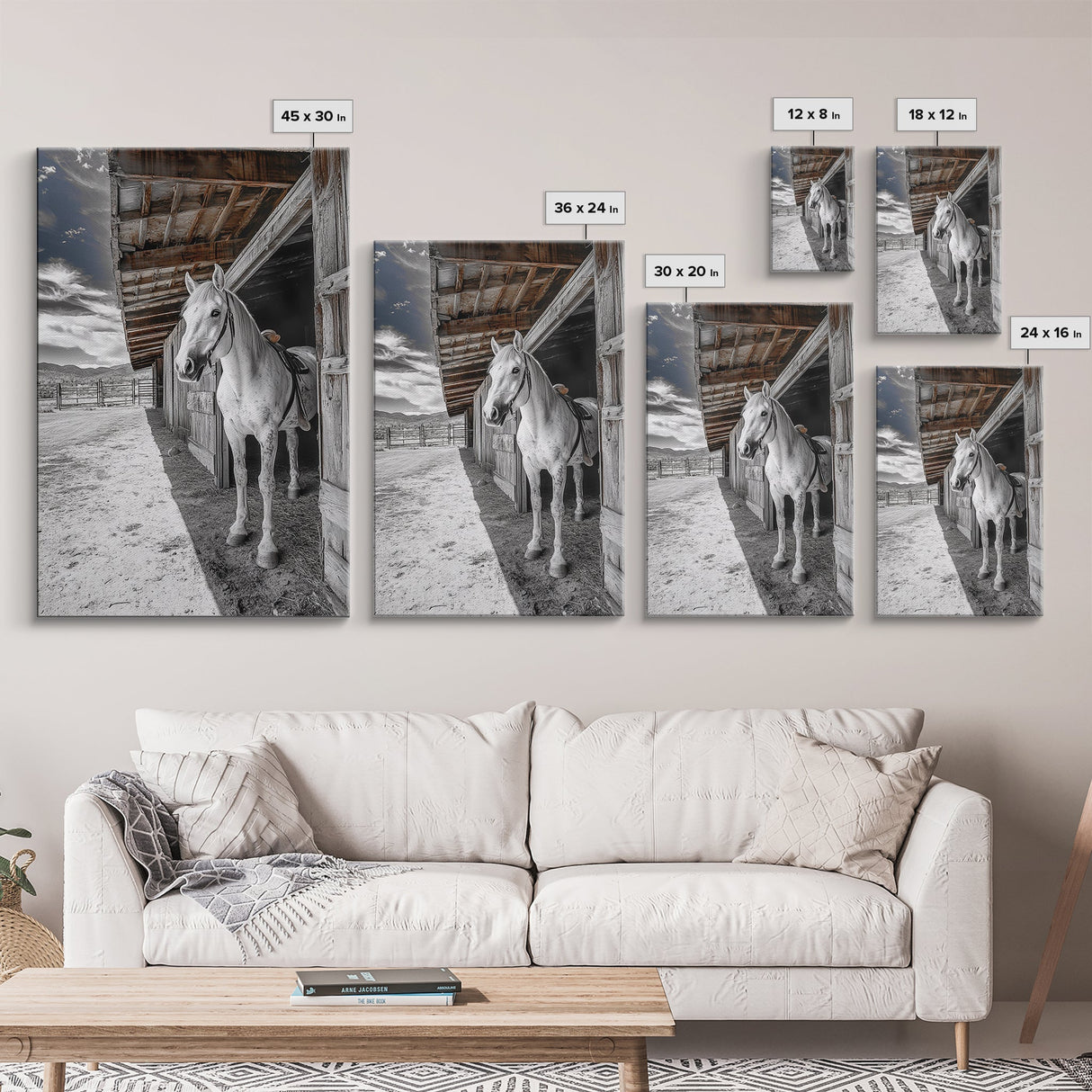 White Horse, Western Ranch, Rustic Stable, Cowboy Framed Canvas Print, Farmhouse Wall Art, Country Living Room Decor, Black White Art