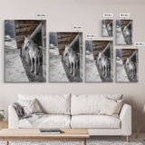 White Horse, Western Ranch, Rustic Stable, Cowboy Framed Canvas Print, Farmhouse Wall Art, Country Living Room Decor, Black White Art
