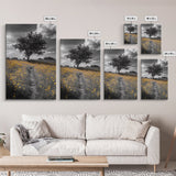 Yellow Meadow, Tree Path, Sunny Flowers, Autumn Framed Canvas Print, Field Landscape Wall Art, Nature Lover Decor, Boho Fall Vibes