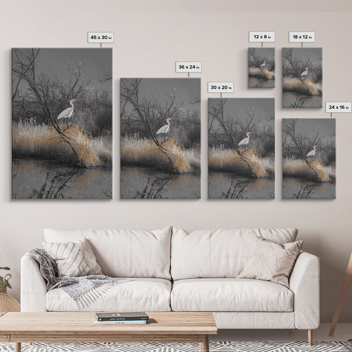 Egret Bird Scene, Autumn Riverbank, Wildlife Nature Print, Moody Wetland Landscape, Framed Canvas Print, Rustic Living Room Wall Art