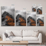 Misty Mountain Hike, Orange Trail Grass, Adventure Explorer Print, Moody Wilderness Scene, Framed Canvas Print, Rustic Cabin Wall Art