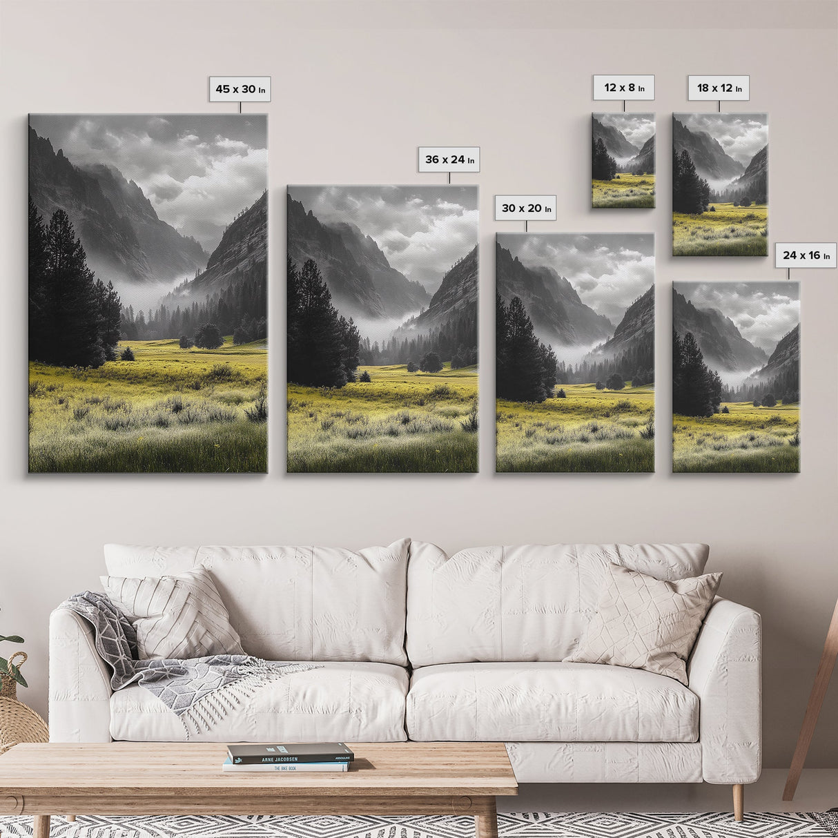 Yellow Meadow Valley, Foggy Mountain Scene, Serene Landscape Photography, Framed Canvas Print, Nature Lover Living Room Wall Art