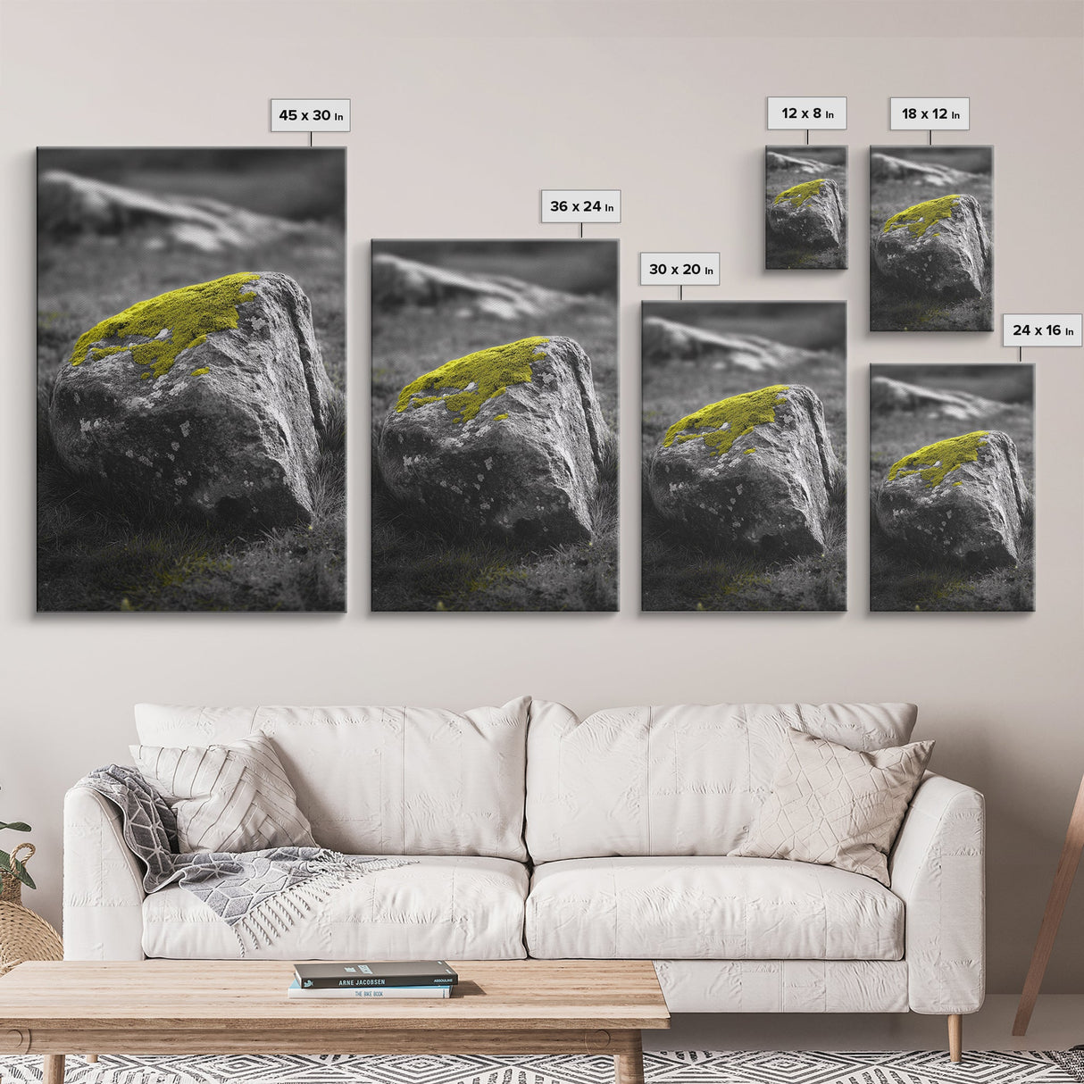 Mossy Stone Closeup, Earthy Nature Texture, Minimal Landscape Print, Framed Canvas Print, Modern Office Wall Decor, Zen Rock Art