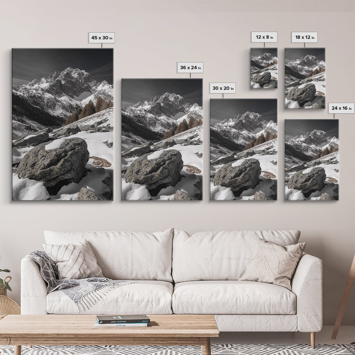 Snowy Alpine Scene, Winter Mountainscape, Nature Photography, Framed Canvas Print, Lodge Wall Art, Cabin Decor, Black and White Art