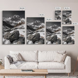 Snowy Alpine Scene, Winter Mountainscape, Nature Photography, Framed Canvas Print, Lodge Wall Art, Cabin Decor, Black and White Art