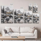 Snow Reflection Forest, Autumn Trees, Serene Mountain River, Framed Canvas Print, Bedroom Wall Art, Peaceful Cabin Scene, Fall Art
