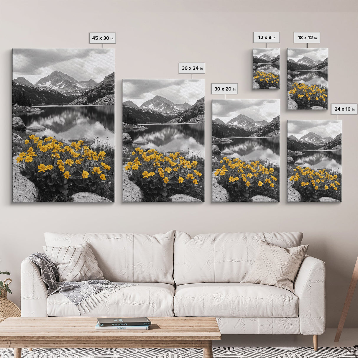 Yellow Wildflowers Lake, Alpine Meadow, Monochrome Landscape, Canvas Print, Kitchen Wall Art, Spring Nature Photography Decor