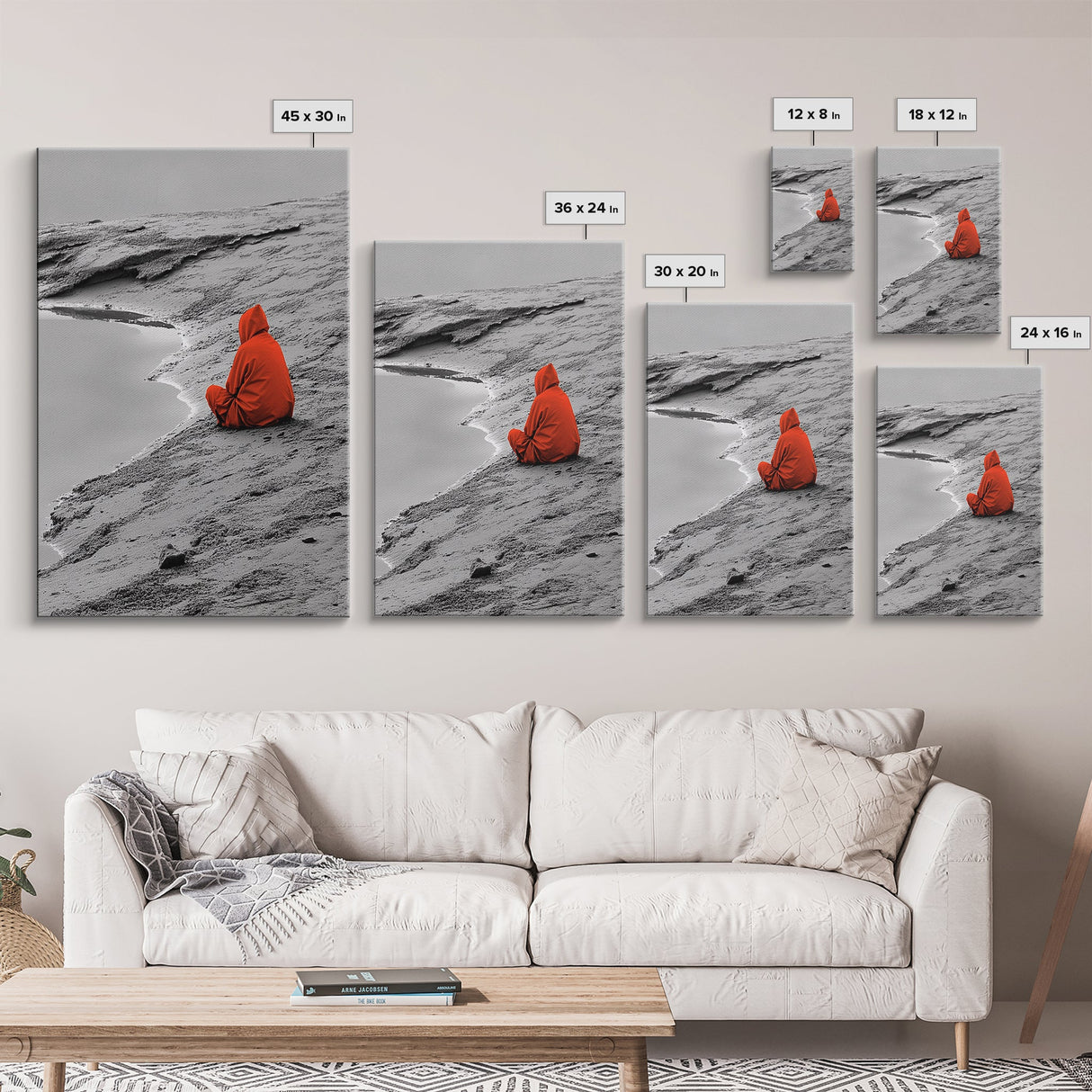 Red Cloaked Solitude, Minimalist Seashore, Peaceful Hooded Figure, Framed Canvas Print, Meditation Room Art, Surreal Photography