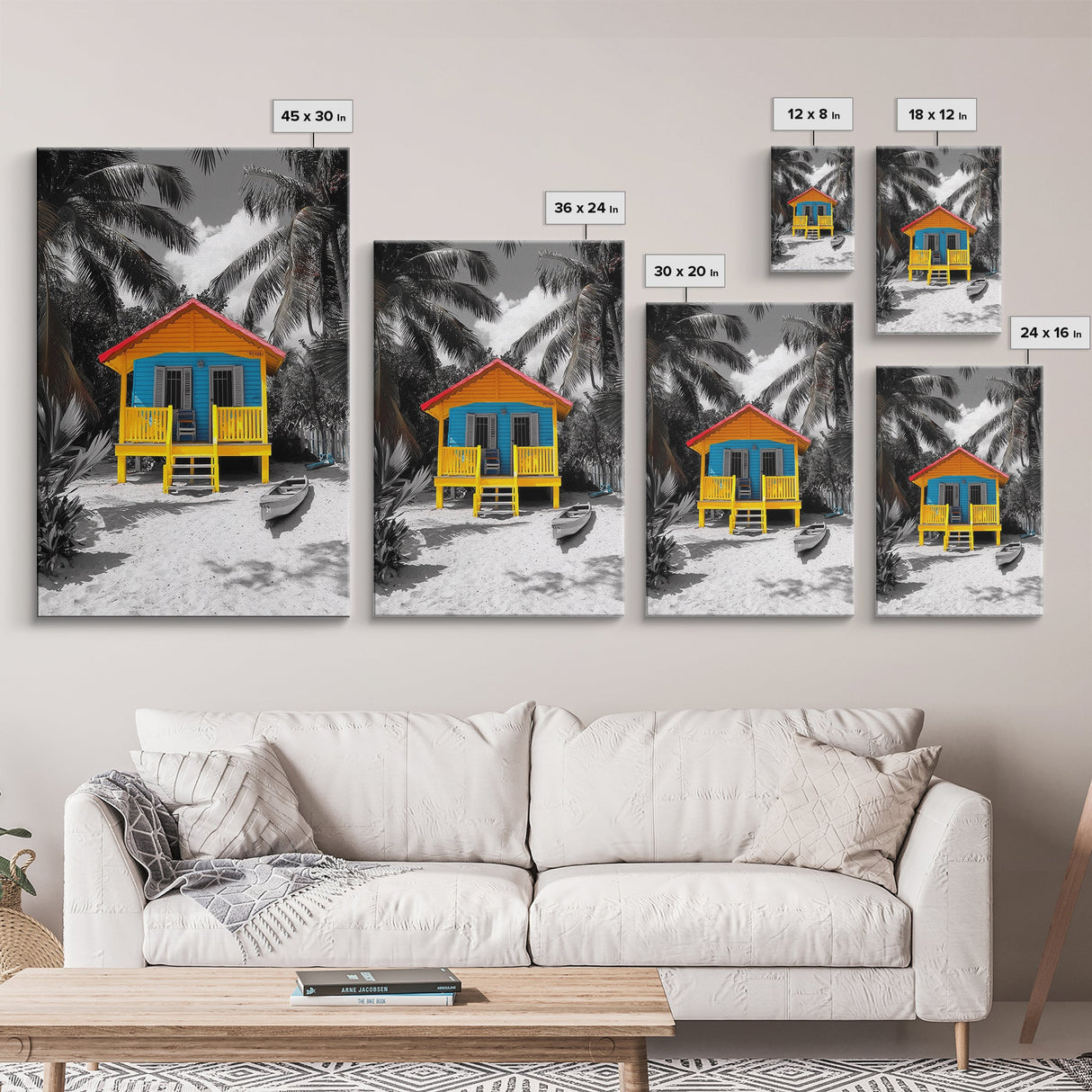 Tropical House, Beach Cabin, Bright Home, Summer Colors, Framed Canvas Print coastal wall decor, boho beach house art, tropical wall art