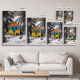 Tropical House, Beach Cabin, Bright Home, Summer Colors, Framed Canvas Print coastal wall decor, boho beach house art, tropical wall art