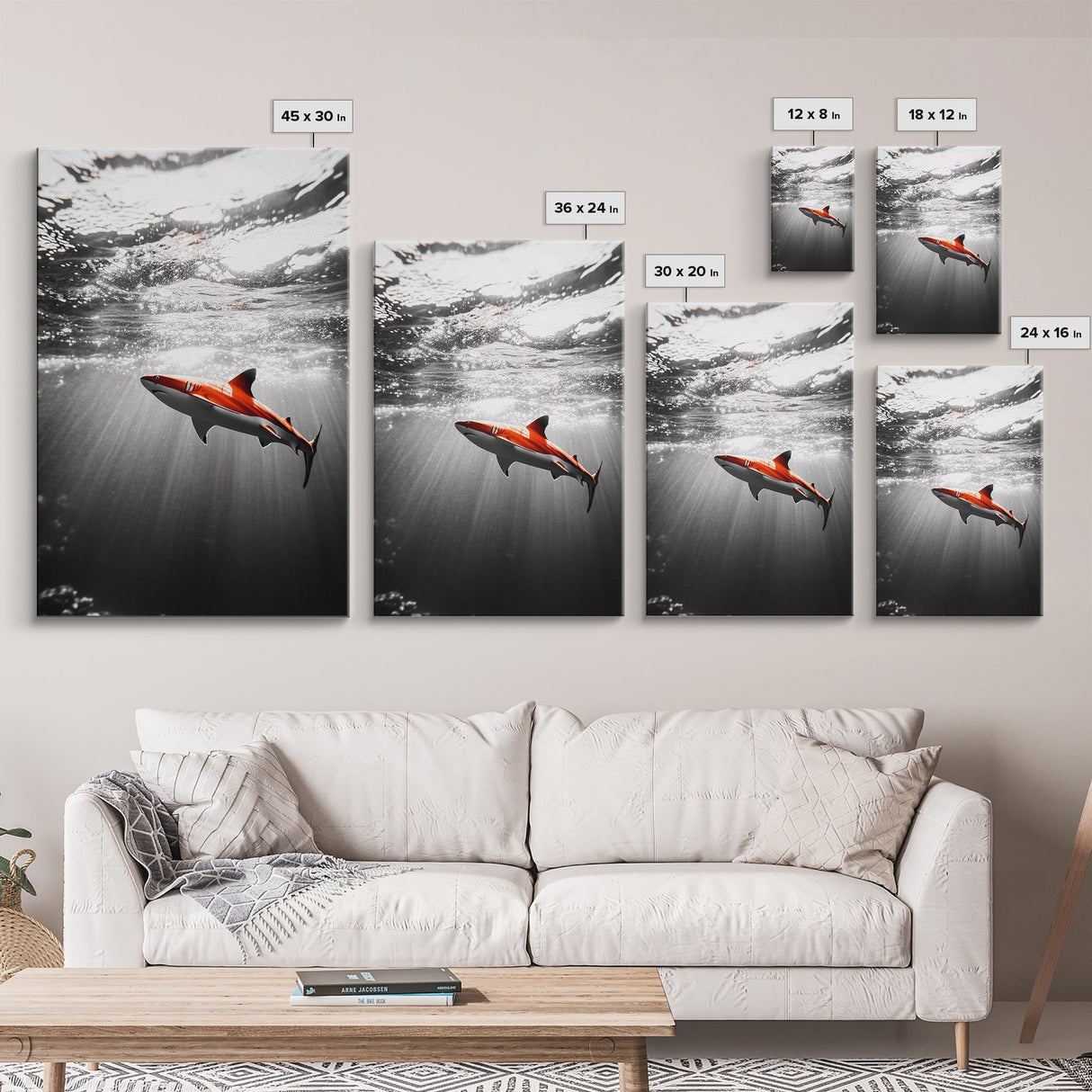 Red Shark, Underwater Scene, Ocean Light Rays, Color Contrast, Canvas Print, Modern Marine Art, Bathroom Wall Art, Nautical Style