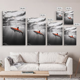 Red Shark, Underwater Scene, Ocean Light Rays, Color Contrast, Canvas Print, Modern Marine Art, Bathroom Wall Art, Nautical Style