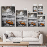 Lake Rowboat, Serene Waters, Mountain Reflection, Framed Canvas Print, Minimalist Nature Art, Living Room Wall Art, Tranquil Landscape