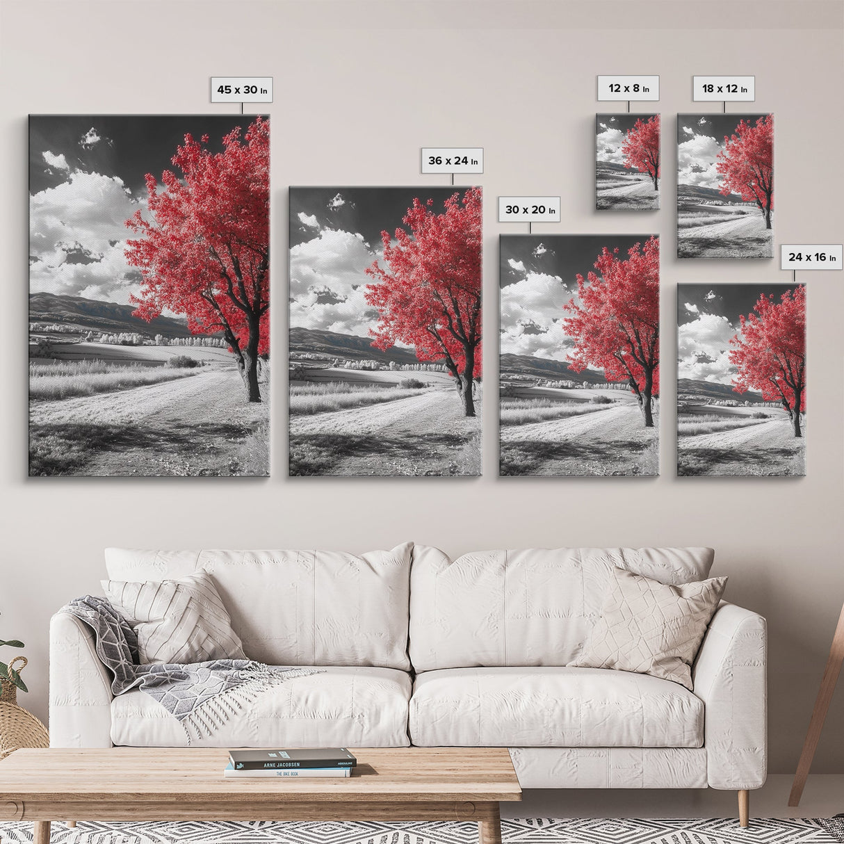 Autumn Red Tree, Scenic Road, Countryside Field, Framed Canvas Print, Fall Wall Art, Rustic Home Decor, Nature Photography, Office Accent