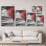 Autumn Red Tree, Scenic Road, Countryside Field, Framed Canvas Print, Fall Wall Art, Rustic Home Decor, Nature Photography, Office Accent